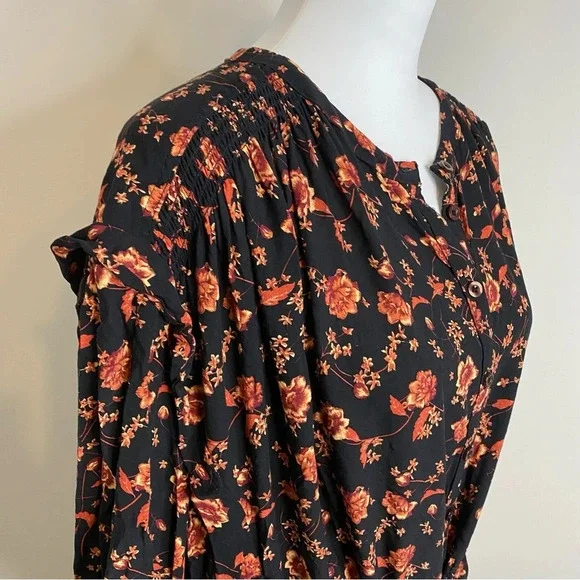 Free People | Flower Fields Black & Orange Floral Print Long Sleeve Mini Dress M - Picture 9 of 16